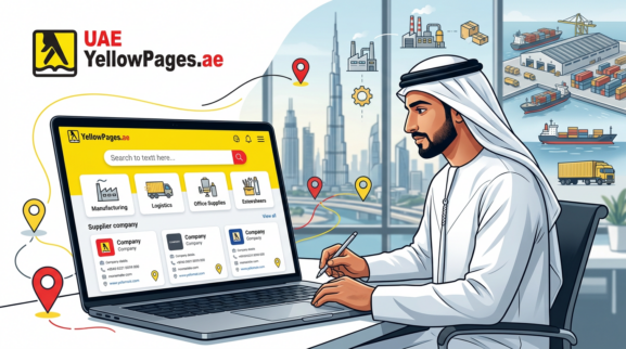 Business directory search for UAE suppliers on a laptop